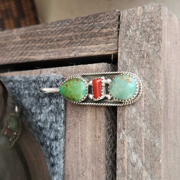 Native American Navajo Handmade Triple Stone Turquoise & Coral Pendant π©΅β₯οΈπ - Picture 8 of 11